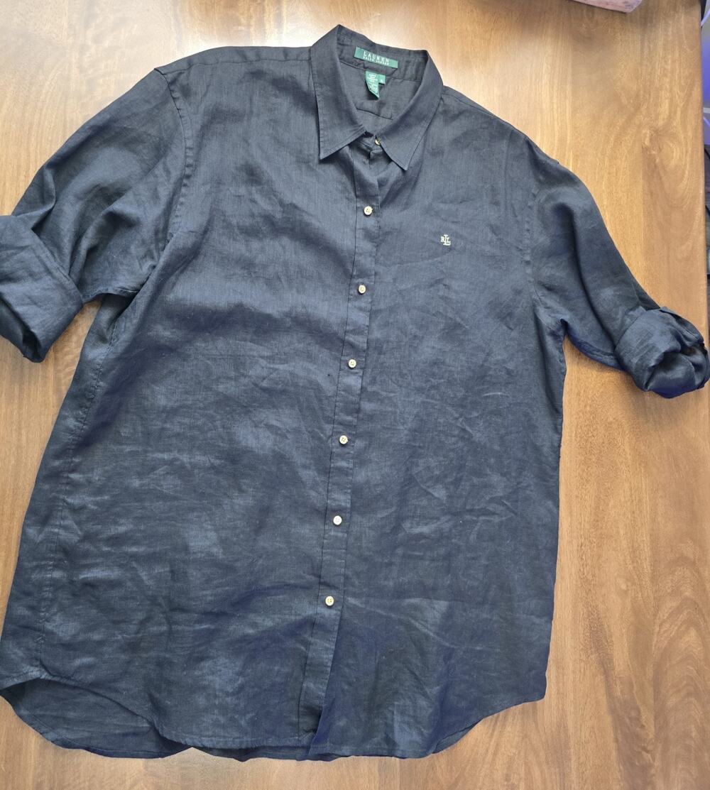 Lauren Ralph Lauren Navy Linen Button-Up Blouse